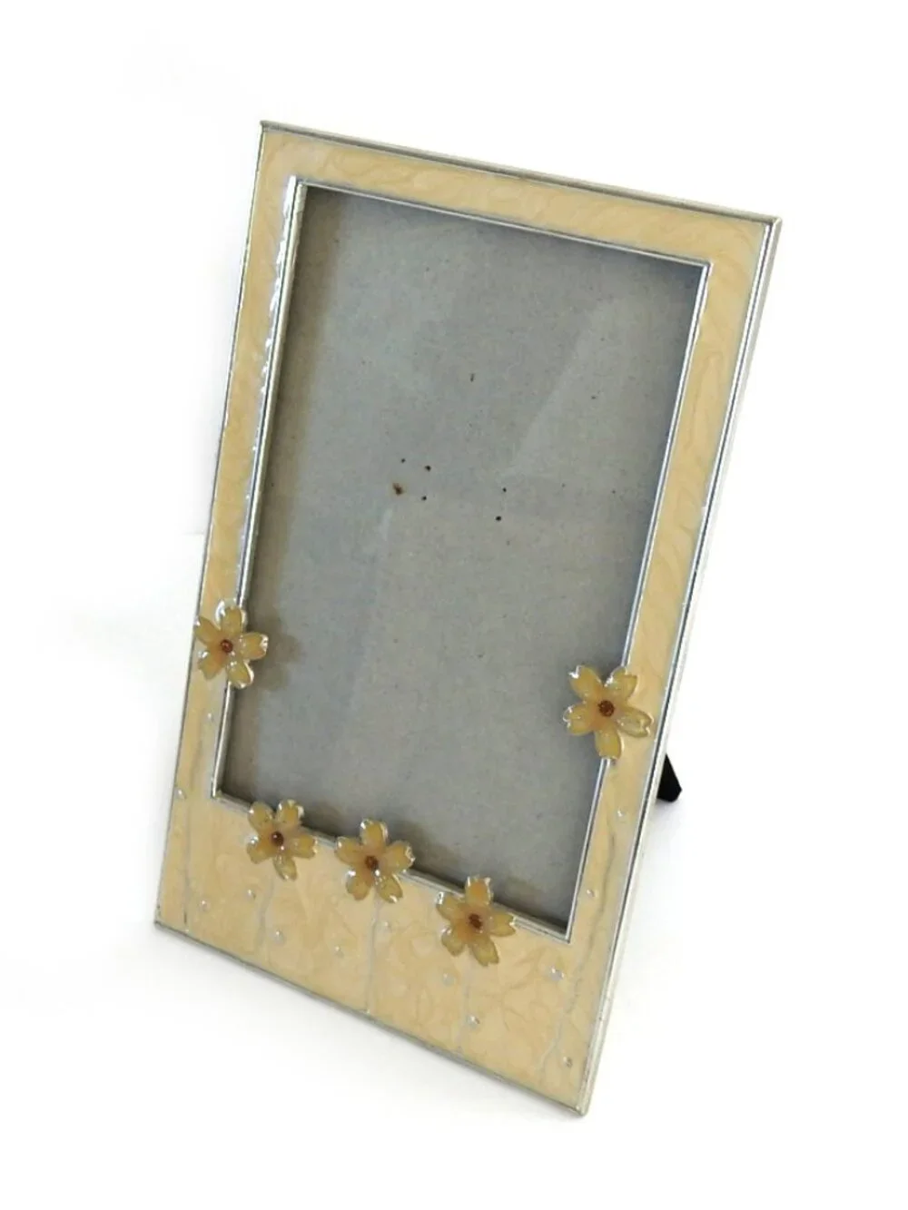 VTG Y2K Cream Enamel Floral 4x6 Picture Frame Silver Rhinestone